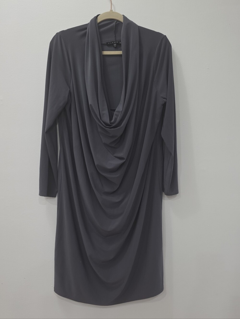 Cowl Neck Long Sleeve Draped Dress - Gray